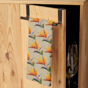 Orange Bird of Paradise Plant Pattern on Khaki Tea Towel