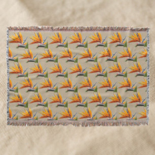 Orange Bird of Paradise Plant Pattern on Khaki Throw Blanket