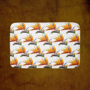 Orange Bird of Paradise Plant Pattern on White Bath Mat