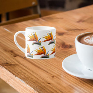 Orange Bird of Paradise Plant Pattern on White Espresso Cup