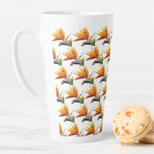 Orange Bird of Paradise Plant Pattern on White Latte Mug