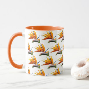 Orange Bird of Paradise Plant Pattern on White Mug