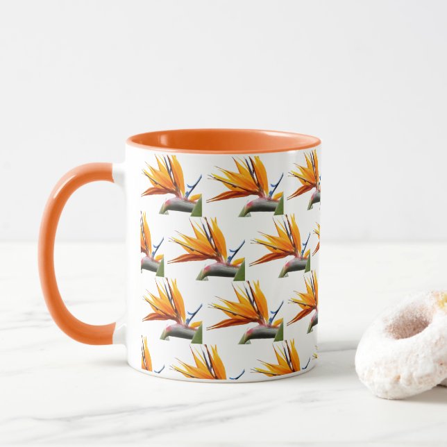 Orange Bird of Paradise Plant Pattern on White Mug (With Donut)