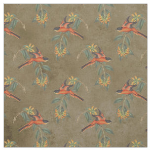 Orange Birds and Yellow Flowers on Brown Fabric