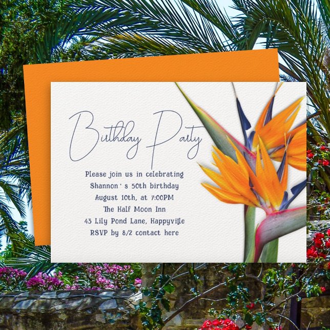 Orange Birthday Bird of Paradise Flowers Adult Invitation (Creator Uploaded)