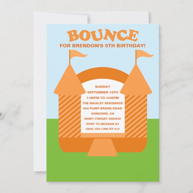 Orange Birthday Bounce Bouncy House Birthday Party Invitation (Front)