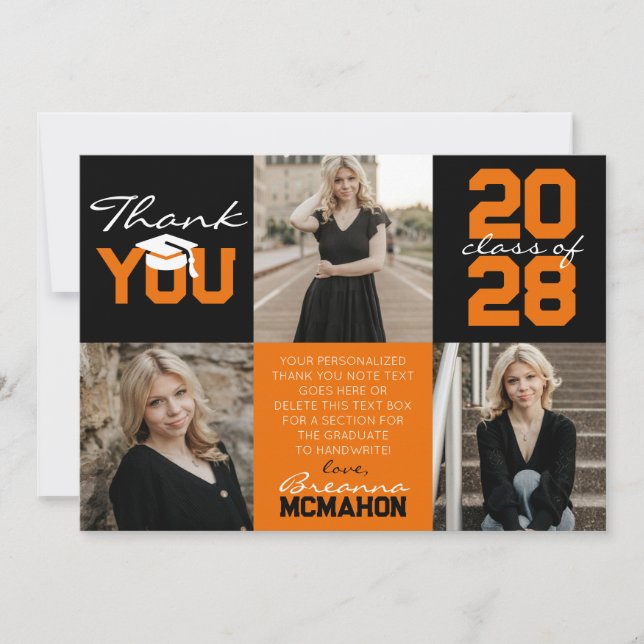 Orange & Black 3 Photo Graduation Thank You Invitation (Front)