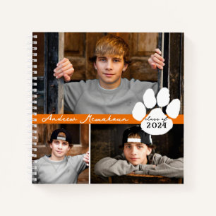 Orange & Black 3 Photo Paw Graduation Guestbook Notebook