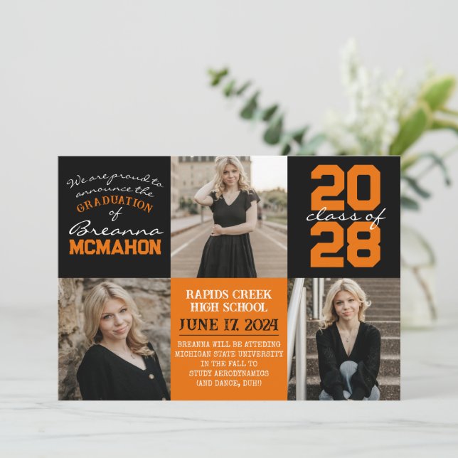 Orange & Black 4 Photo Graduation Announcement (Standing Front)