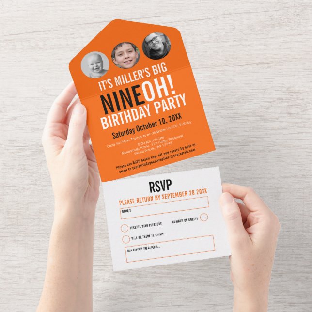 Orange black 90th Birthday party custom photos  All In One Invitation (Tearaway)