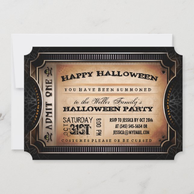 Orange & Black Admit One Halloween Party Ticket Invitation (Front)