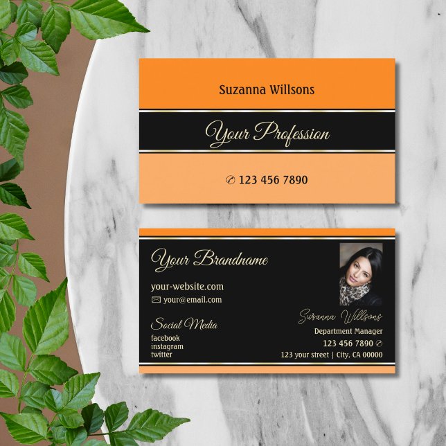 Orange Black and Peach Stripes Modern with Photo Business Card (Creator Uploaded)