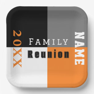 Orange, black and white custom family reunion paper plate