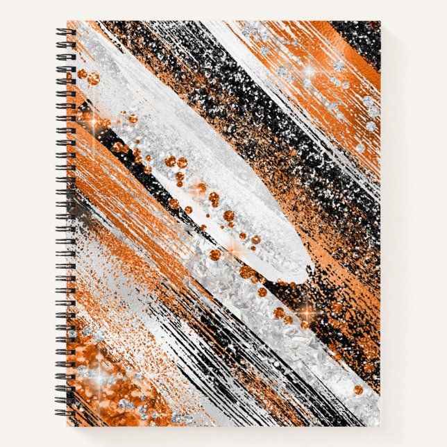 Orange, Black, and White Glitter Brush Strokes Notebook (Front)