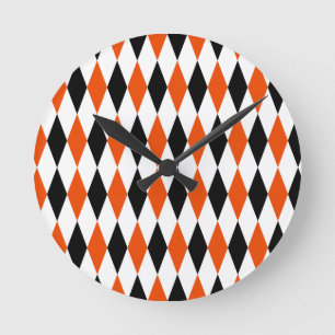 Orange Black and White Harlequin Diamonds Pattern  Round Clock