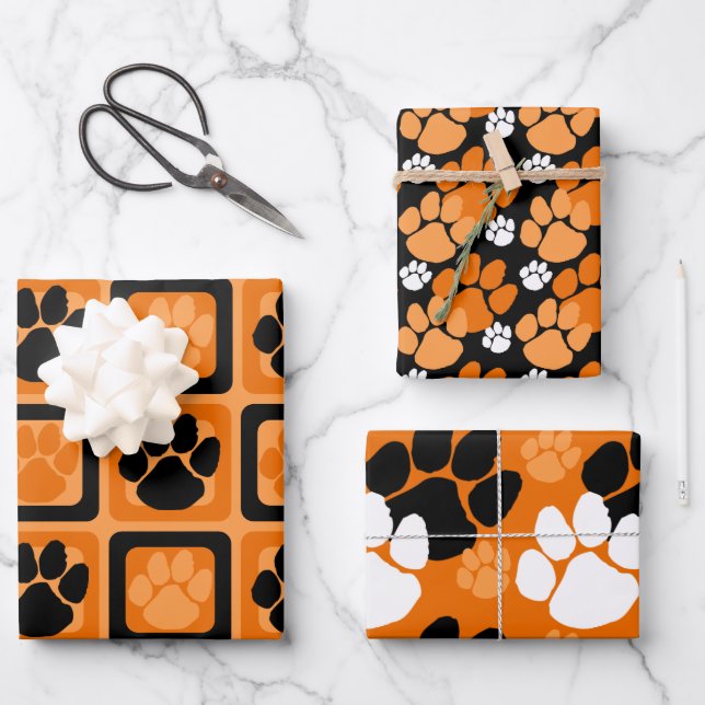 Orange, Black and White Pawprint  Wrapping Paper Sheet (Front)
