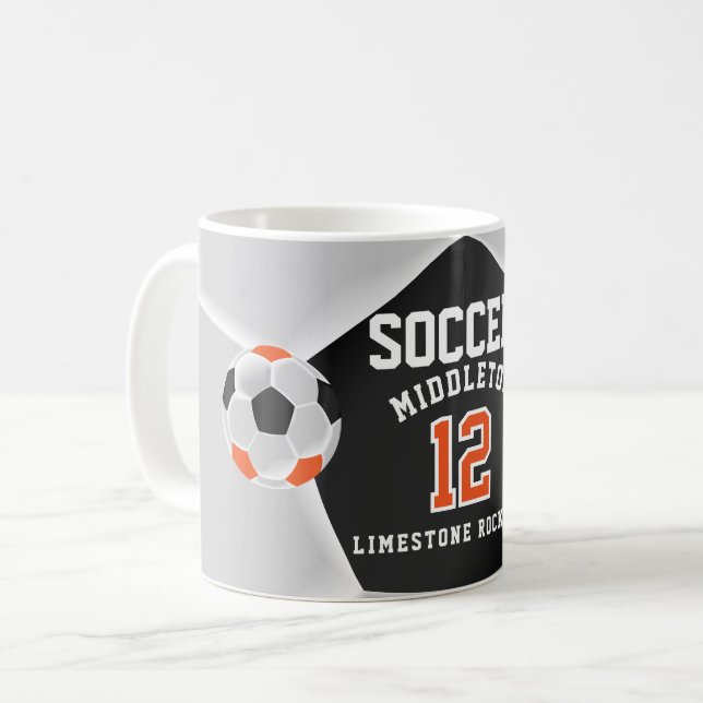Orange, Black and White ⚽ Soccer Sport  Coffee Mug (Front Left)