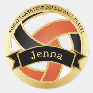 Orange, Black and White Volleyball DIY Name Classic Round Sticker