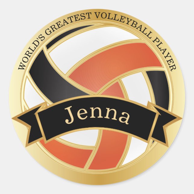 Orange, Black and White Volleyball | DIY Name Classic Round Sticker (Front)