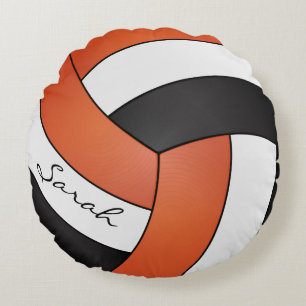 Orange, Black and White Volleyball   DIY Name Round Cushion