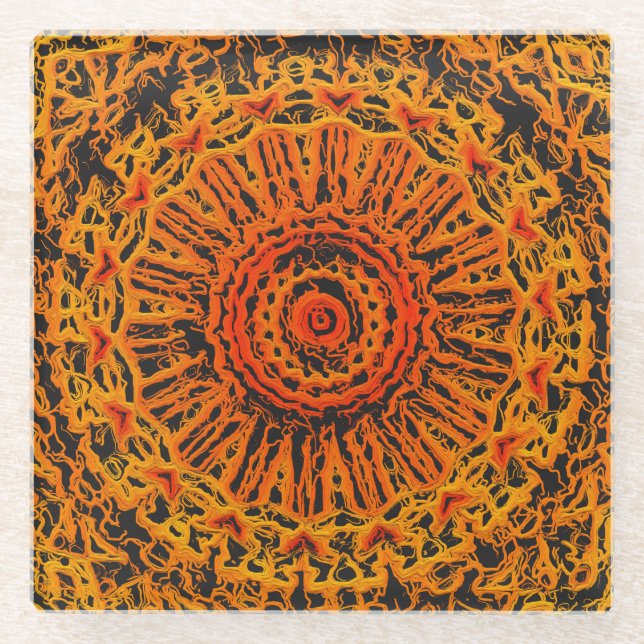 Orange, Black and Yellow Abstract Glass Coaster (Front)