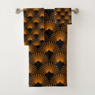 Orange & black art-deco pattern bath towel set