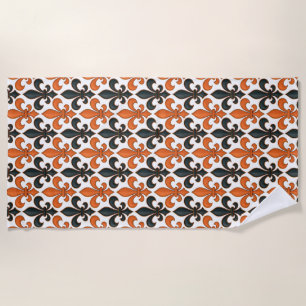 Orange Black Baroque Fleur-de-lis Pattern Design Beach Towel