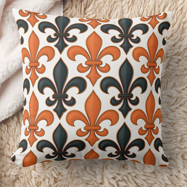 Orange Black Baroque Fleur-de-lis Pattern Design  Cushion (Creator Uploaded)