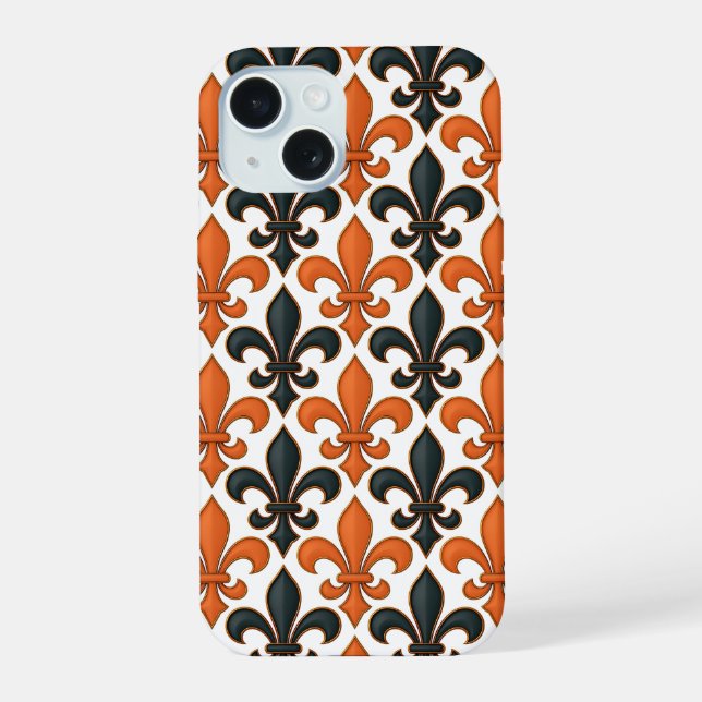 Orange Black Baroque Fleur-de-lis Pattern Design  iPhone 15 Case (Back)