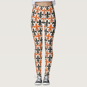 Orange Black Baroque Fleur-de-lis Pattern Design Leggings