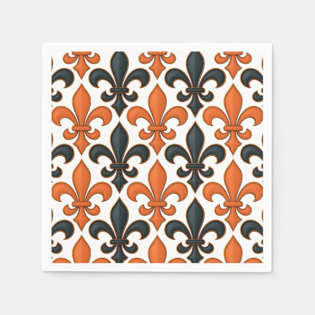 Orange Black Baroque Fleur-de-lis Pattern Design  Napkin (Front)