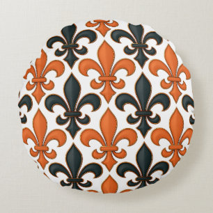 Orange Black Baroque Fleur-de-lis Pattern Design Round Cushion