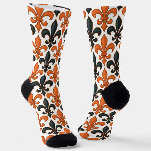 Orange Black Baroque Fleur-de-lis Pattern Design  Socks