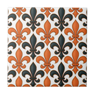 Orange Black Baroque Fleur-de-lis Pattern Design Tile