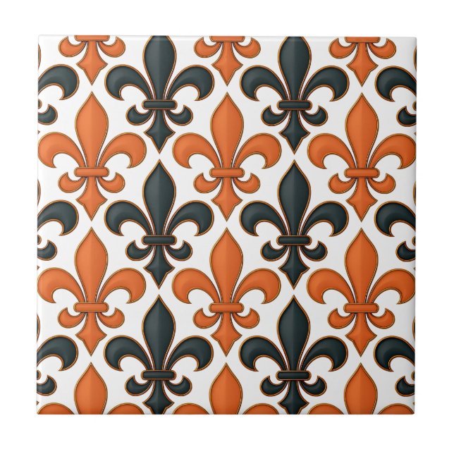 Orange Black Baroque Fleur-de-lis Pattern Design  Tile (Front)