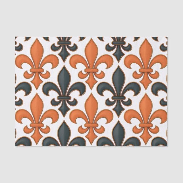 Orange Black Baroque Fleur-de-lis Pattern Design  Tissue Paper (Front)