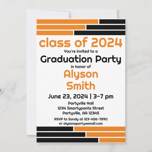 Orange & Black Bars One Photo Grad Party Invitation (Front)