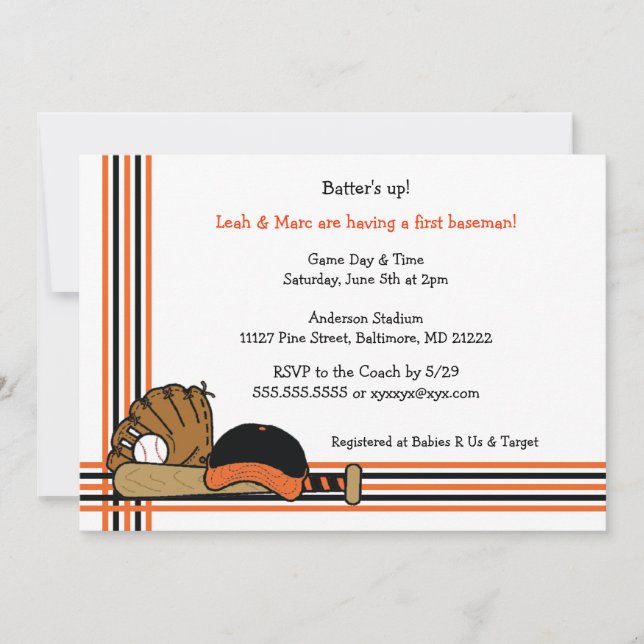 Orange & Black Baseball Baby Shower Birthday party Invitation (Front)