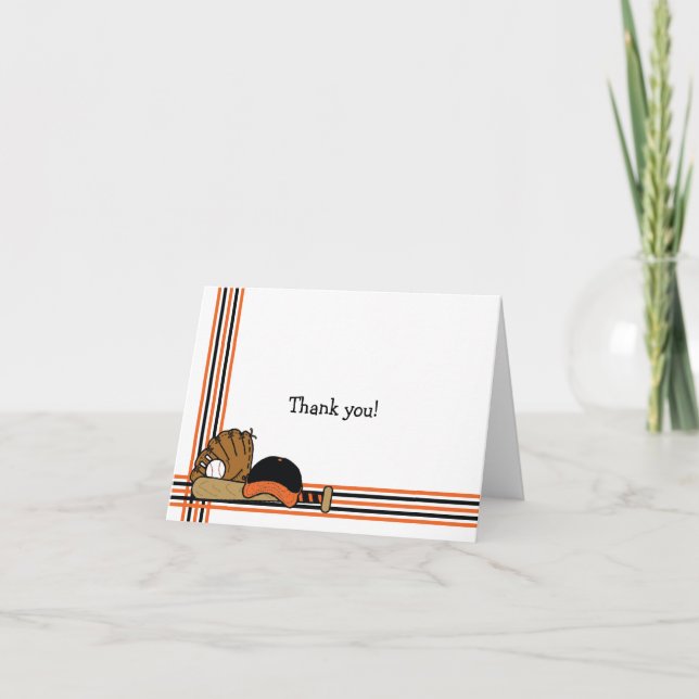 Orange & Black Baseball Thank You Note baby shower Card (Front)
