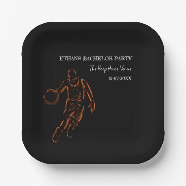 Orange black basketball champion bachelor party pa paper plate (Front)