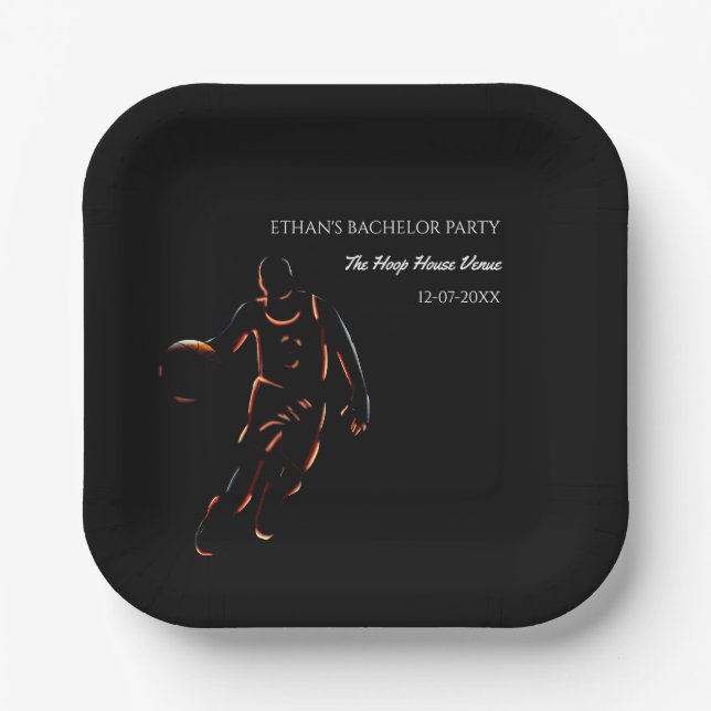 Orange black basketball champion bachelor party paper plate (Front)