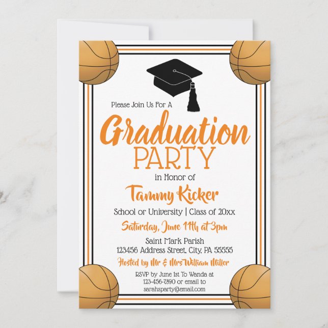 Orange & Black Basketball Graduation Party Invitation (Front)