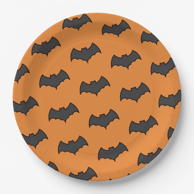 Orange Black Bat Pattern Halloween Party Paper Plate (Front)