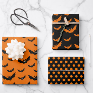 Orange & Black Bats and Polka Dots Halloween Gift  Wrapping Paper Sheet