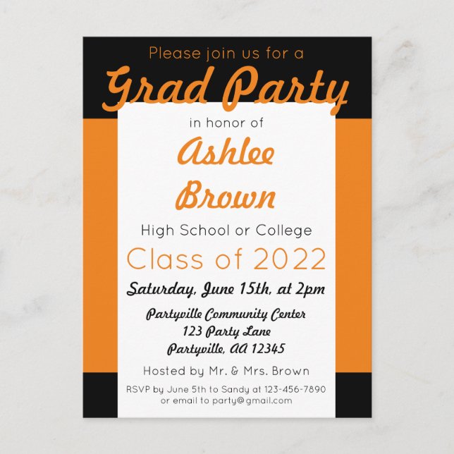 Orange Black Bold Grad Party Graduation Invitation Postcard (Front)