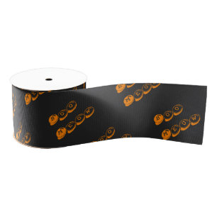 Orange Black Boo Cute Typography Pattern Halloween Grosgrain Ribbon