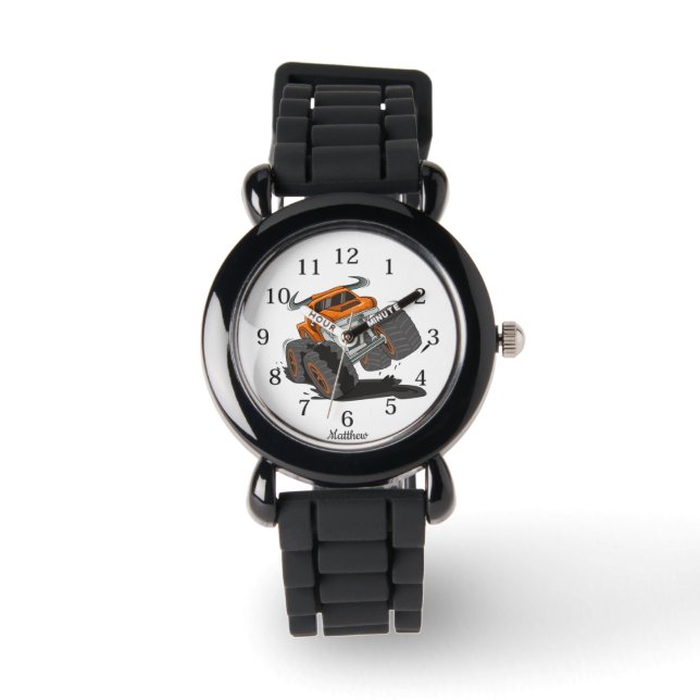 Orange Black Boys' Monster Truck Custom Name  Watch (Front)