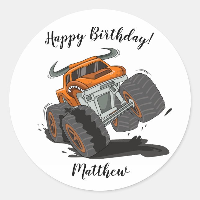 Orange Black Boys' Monster Truck Name Birthday Classic Round Sticker (Front)