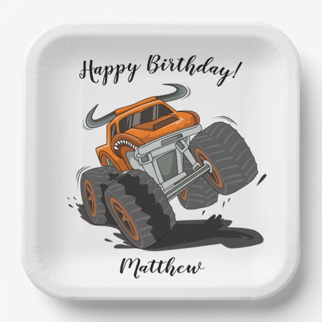 Orange Black Boys' Monster Truck Name Birthday Paper Plate (Front)