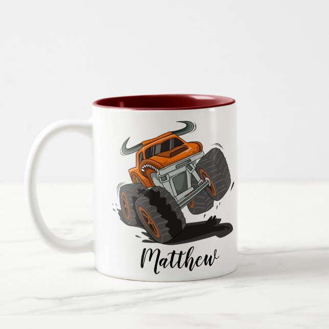 Orange Black Boys' Monster Truck Name Personalised Two-Tone Coffee Mug (Left)
